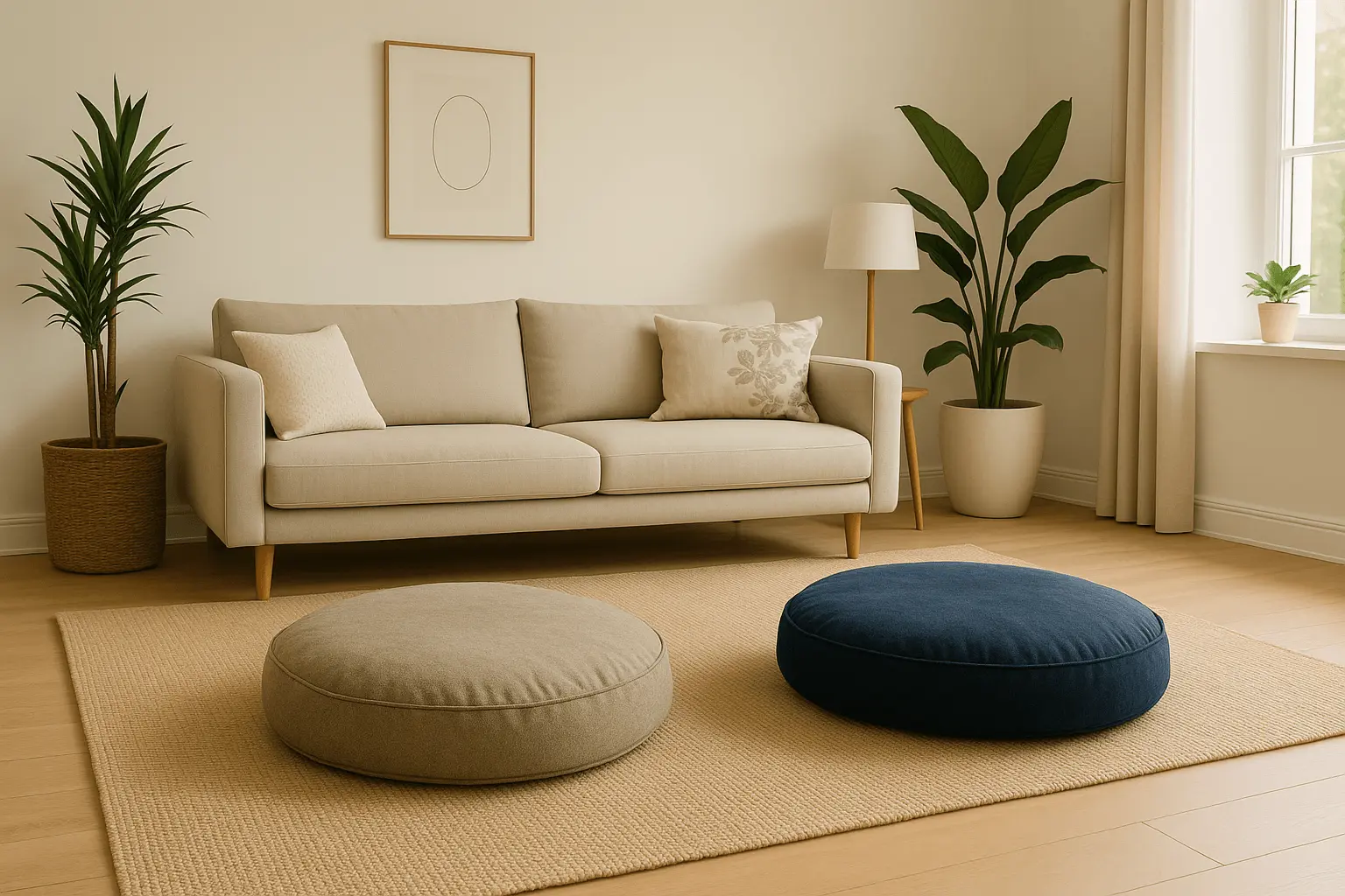 two sit. pads in oatmeal and midnight placed in a minimalist Irish living room with neutral tones, indoor plants, and soft daylight