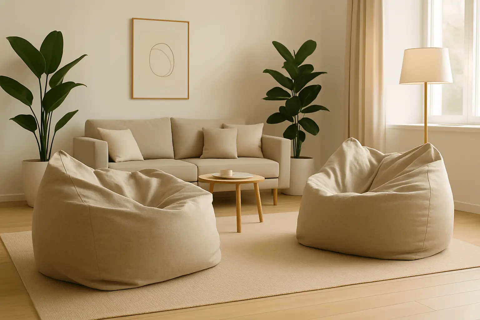 a pair of taupe sit. sacks in a minimalist Irish living room with neutral tones, natural light, and indoor plants