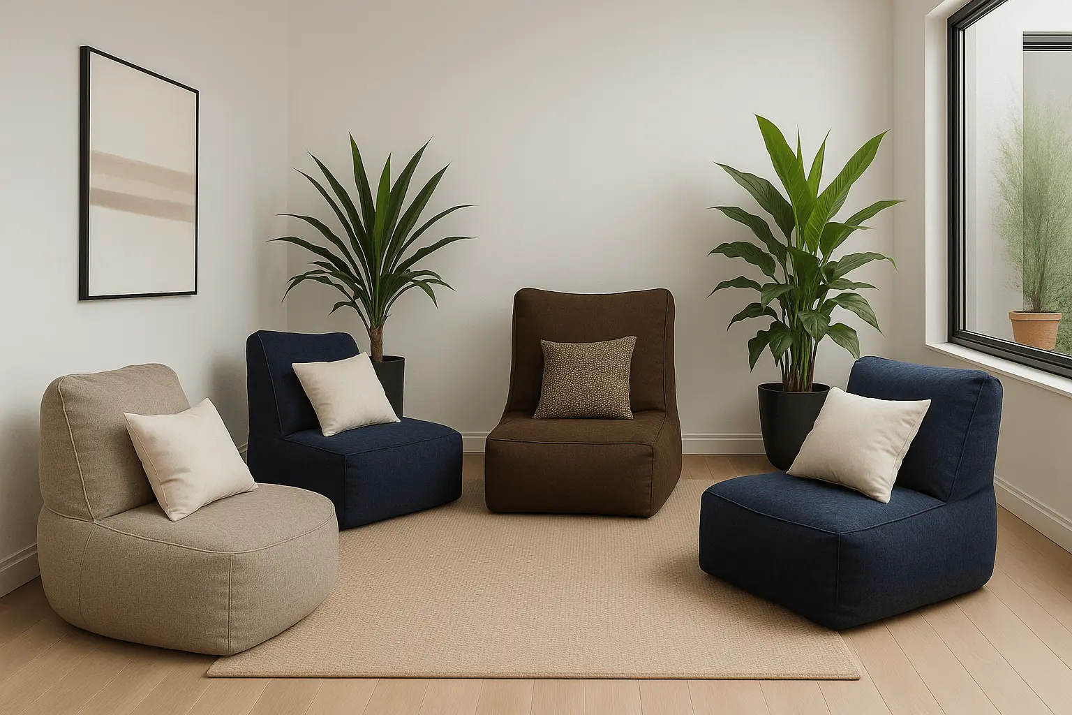 a set of four sit. chairs in oatmeal, cobalt, and espresso arranged in a minimalist room with neutral decor, soft lighting, and indoor plants