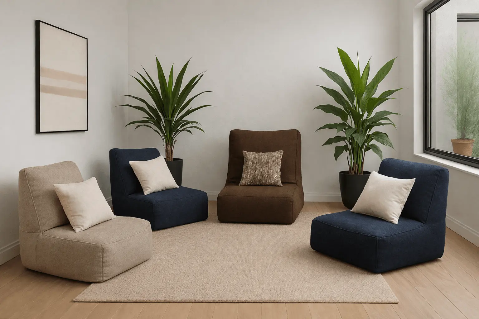 A set of four Sit Chairs in oatmeal, indigo, and espresso arranged in a minimalist room with neutral decor, soft lighting, and indoor plants.