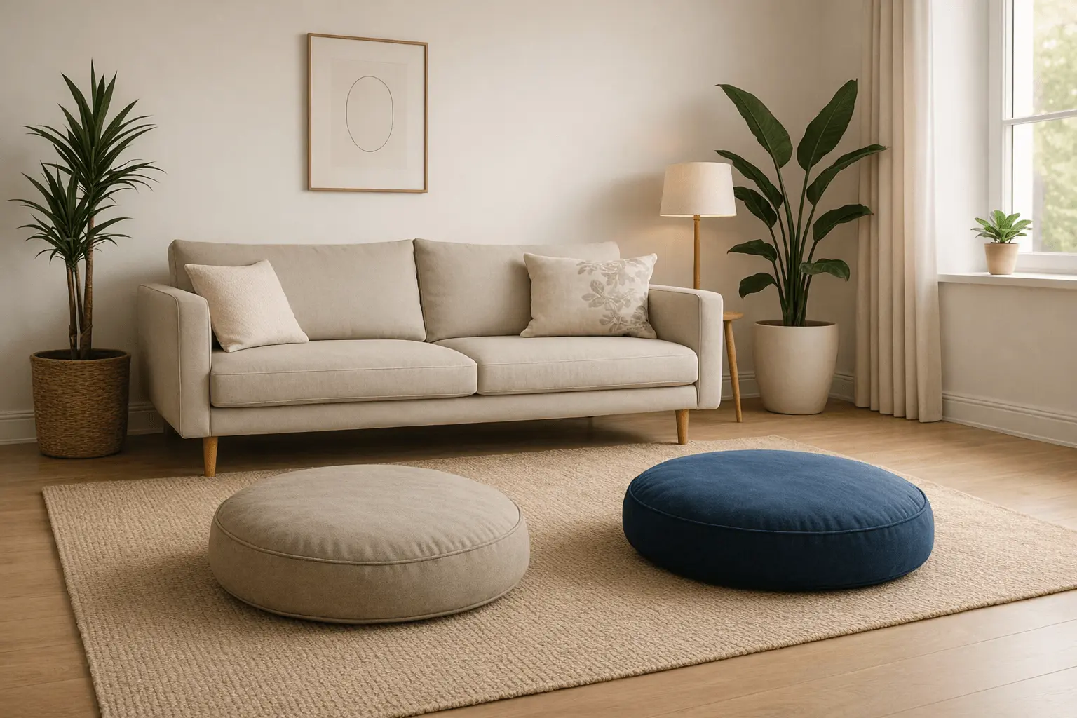 Two Sit Pads in oatmeal and midnight placed in a minimalist Irish living room with neutral tones, indoor plants, and soft daylight.