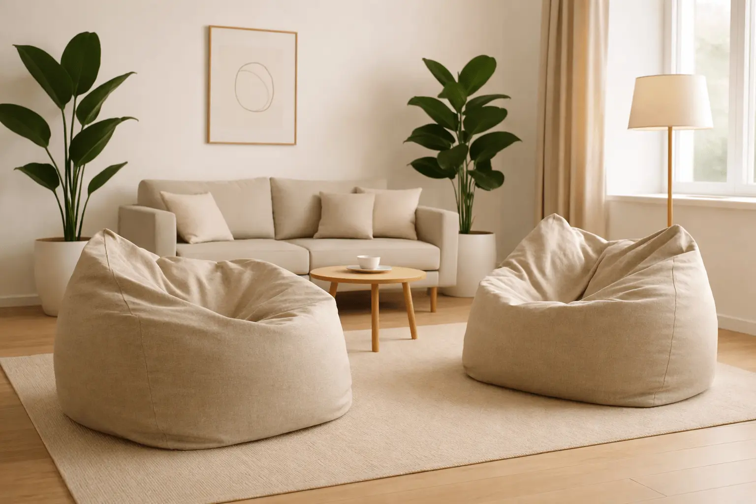A pair of taupe Sit Sacks in a minimalist living room with natural light, neutral tones, and indoor plants.